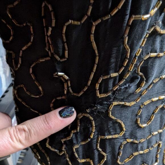 Vtg 1980s Black 100% Silk Gold Butterfly Sequin Embellished Sheath Dress Sz M - Picture 5 of 6